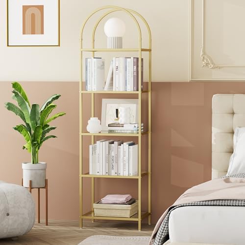 Homhedy 5-Tier Tall Gold Bookshelf, Arched Bookcase - Image 6