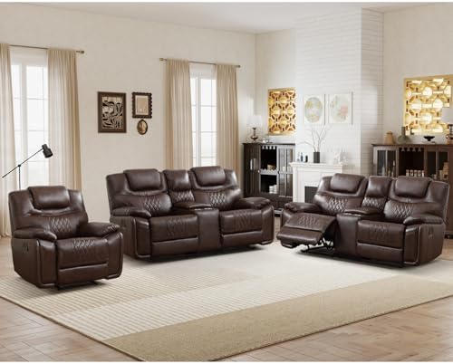 ANJ 3-Piece Manual Reclining Sofa Set, Premium Genuine Leather Reclining Sofas by ANJ