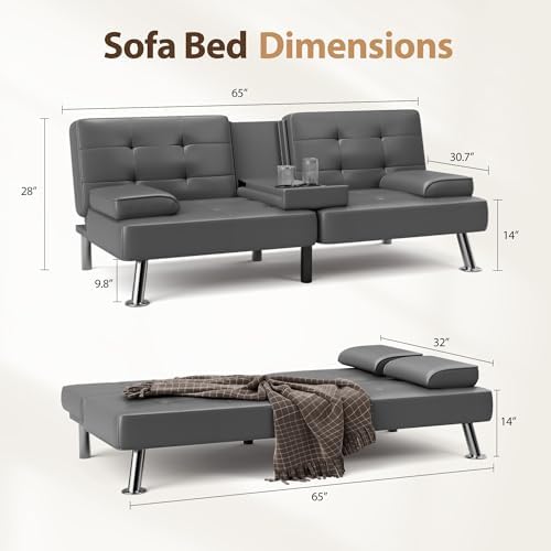 Shahoo Leather Convertible Futon Sofa Bed, Folding Sleeper Loveseat Couch - Image 2