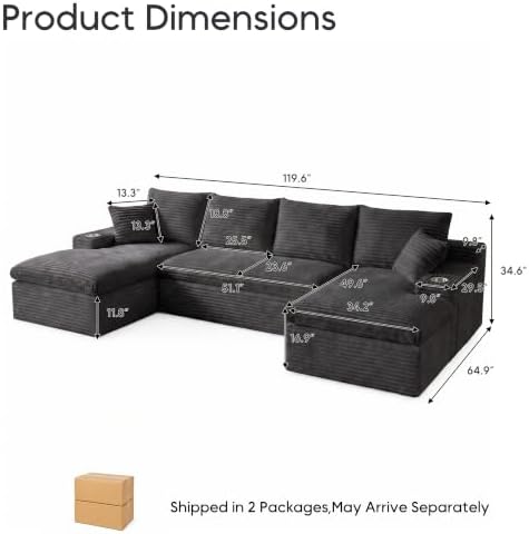 120" Modular Sectional Sofa, U-Shape Boneless Couch - Image 2