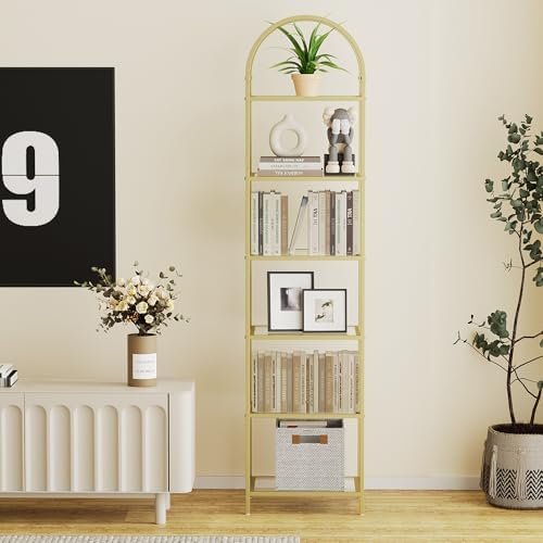 Homhedy 6-Tier Tall Gold Bookshelf, Arched Bookcase - Image 3