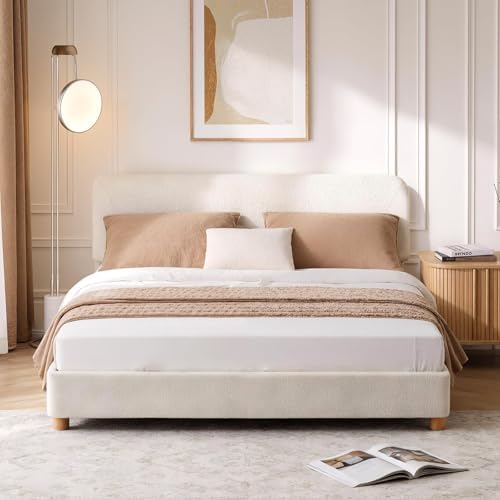 Full Size Cloud Bed Frame, Cream White Boucle Platform Bed, Upholstered by BERRYNEST