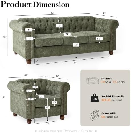 Modern 3-Piece Chesterfield Sofa Set, Chenille Sofa & 2 Armchairs - Image 2