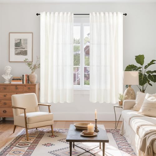 YoungsTex Ivory White Linen Curtains 63 Inch Length - Image 2