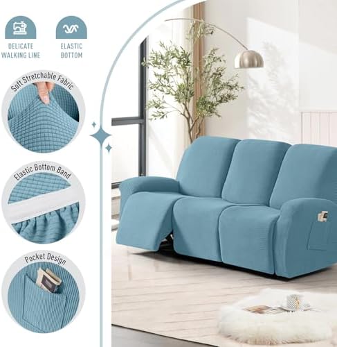 TAOCOCO Stretch Recliner Sofa Covers 8 Piece, Dusty Blue - Image 3