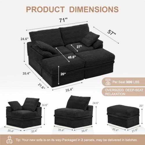 71" Modular Loveseat Sofa with Storage, 2-Seater Boneless Couch with Ottoman - Image 3
