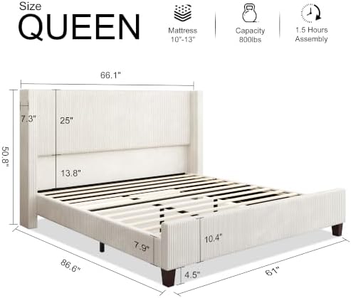 HOWE Queen Size Bed Frame with 50.8 Inch Corduroy Wingback Headboard - Image 2