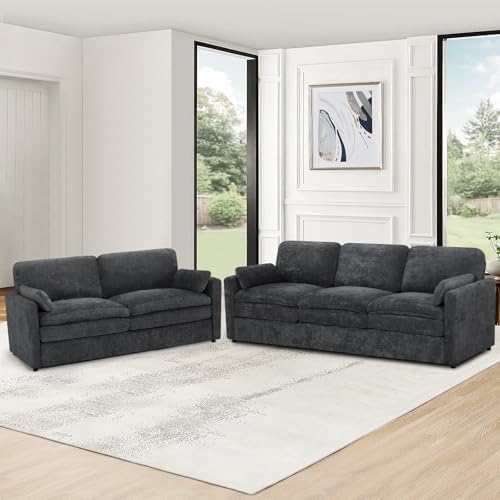 Comfy Chenille Sofa Set with Well-Filled Pillows, Dark Grey - Image 7