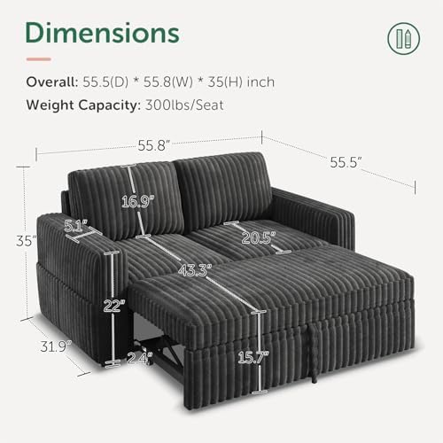 HONBAY Modular Pull Out Sofa Bed, Corduroy Loveseat, Couches - Image 2