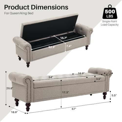 SOFTHION 67" Storage Bench for Bedroom, Linen Upholstered, Light Brown - Image 2