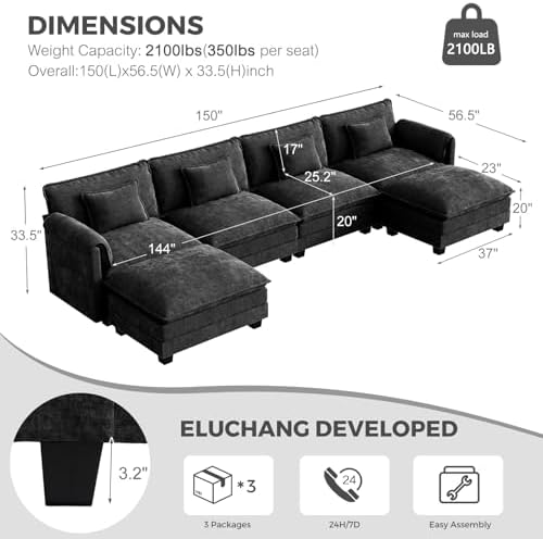 ELUCHANG 153" Oversized Modular Sectional Sofa, Comfy Chenille Cloud Couch - Image 2