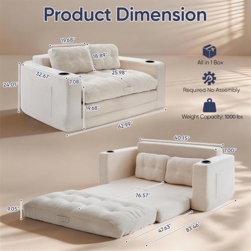 63'' Loveseat Sleeper Sofa Bed, Boneless Convertible Corduroy Pull Out Couch - Image 2