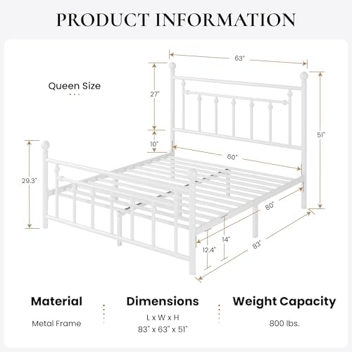 SHA CERLIN 14" Queen Size Metal Platform Bed Frame/Victorian Headboard and - Image 2