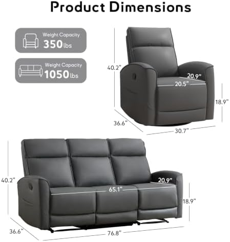 ANJ 2-Piece Premium Faux Leather Manual Reclining Sofa Set, Include 360° Swivel - Image 2