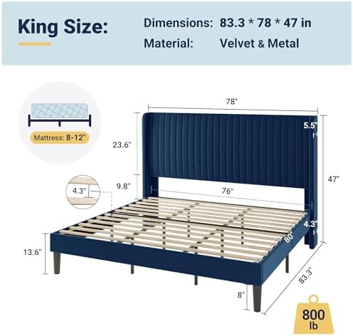 Allewie King Size Velvet Bed Frame/Vertical Channel Tufted Wingback - Image 2