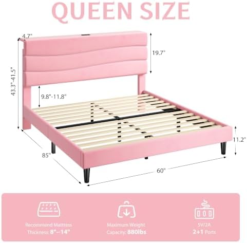 EnHomee Queen Bed Frame with Upholstered Headboard & Charging Station - Image 2
