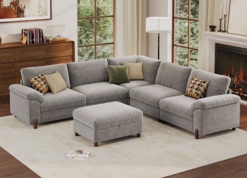 SITJOY Cloud Couch Sectional, 5 Seater V-Shaped, Chenille in Light Gray by SitjoyComfortableSitting