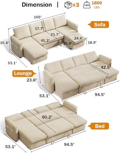 Vipbear 104" Sectional Sleeper Sofa Bed - Image 3