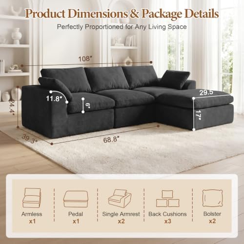 108" Cloud Sectional Couches for Living Room, Oversized Boneless Modular L - Image 2