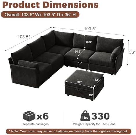ABCASA Oversized Modular Sectional Sofa Black, L-Shaped Convertible Couch - Image 2