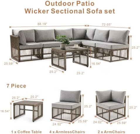 7 Piece Outdoor Small Patio Furniture Set, Wicker Sectional Furniture Set - Image 2