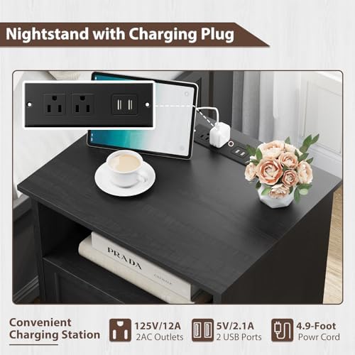 YANSNWO Black Nightstand with Charging Station, 19.7" 2-Drawer End Table - Image 4