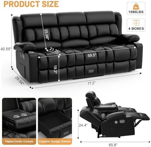 Dresegmt Loveseat Recliner Sofa Set, Flip Middle Backrest Design PU Leather 3 - Image 2