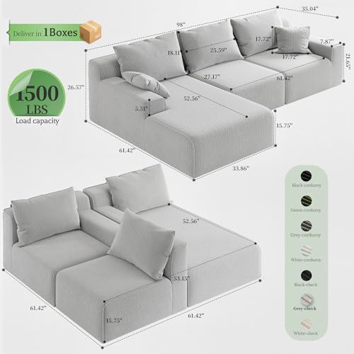 Homkdom Modular Sectional Sofa for Apartment, Light Grey Check, Left Facing - Image 2