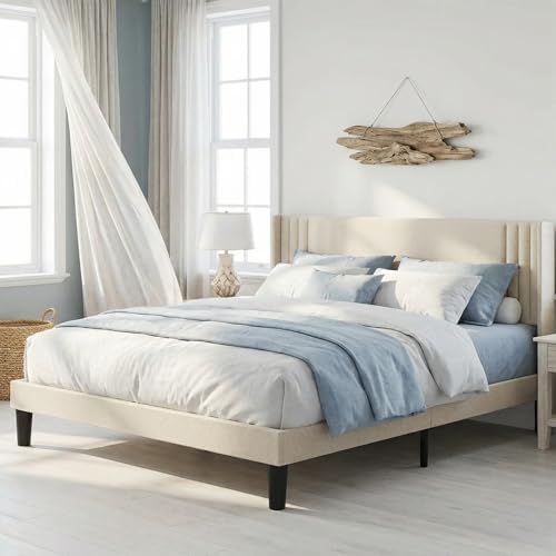 Gizoon Full Bed Frame with Wingback Headboard, Upholstered Platform Bed - Image 4