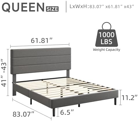 Queen Platform Bed Frame with Adjustable Linen Fabric Upholstered Headboard - Image 2