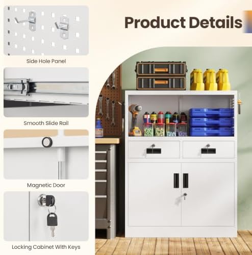 Yizosh Locking Cabinet with 2 Drawers, Metal Storage Cabinet with Locking Doors - Image 5