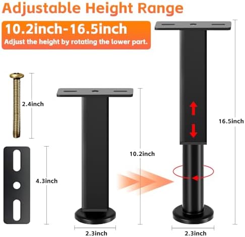 6 PCS Adjustable Height Bed Support Legs, 10.2-16.5 in Metal Bed Risers - Image 3