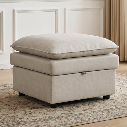 27" Beige Faux Leather Storage Ottoman, Large Square Footrest by Abbrevi