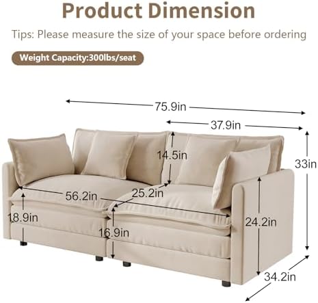GNIXUU 76" Camel Loveseat Sofa Cloud 2 Seater Modular Couch - Image 2