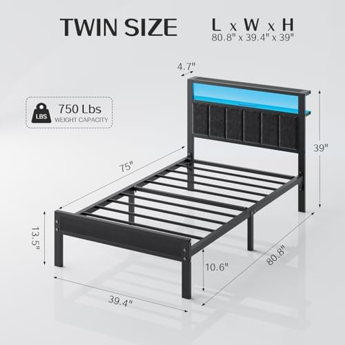 OLEVS Twin Bed Frame with LED Lights & USB Outlets, Platform Twin Bed with - Image 2