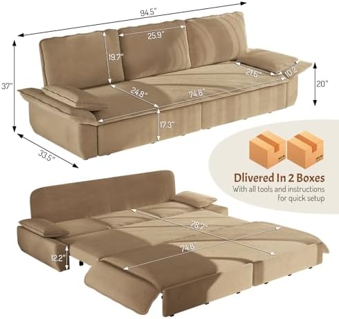 94.5" King Size Sleeper Sofa Bed, 3-in-1 Convertible Pull Out Couch - Image 2