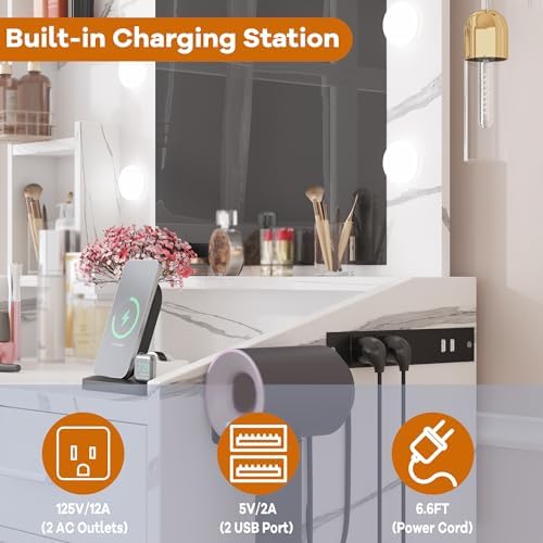 Vanity Desk with Power Outlet, Makeup Vanity with Large Mirror and LED Lights - Image 5