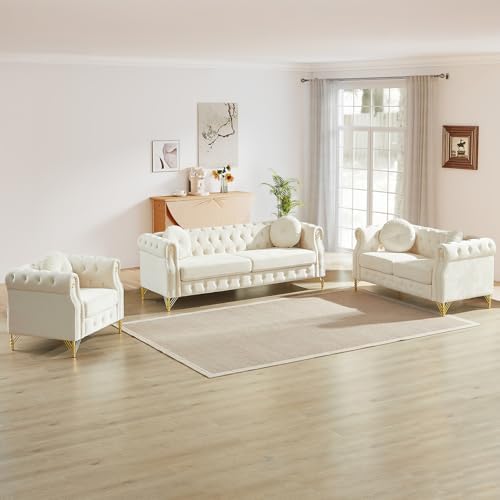 3 Pieces Mid Century Modern Chesterfield Sofa Set, Upholstered Button Tufted by JEEOHEY