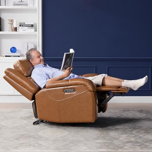 Watson & Whitely Genuine Leather Wall Hugger Power Recliner, Saddle Brown - Image 4