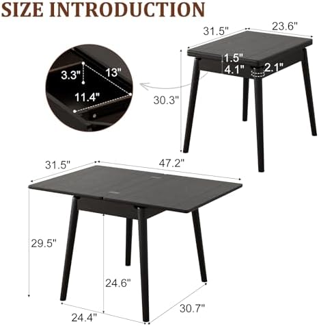 Solid Wood Small Dining Table, 23.6"L-47.2"L Expandable Kitchen Table - Image 2