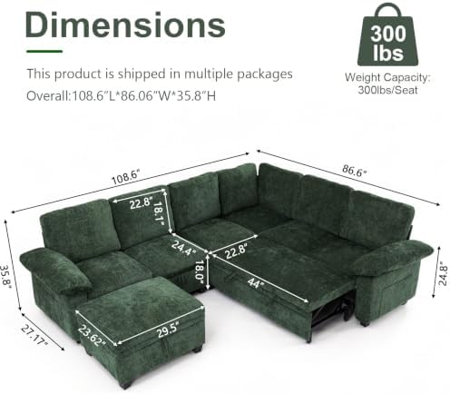 108''Modular Sectional Sleeper Sofa, L Shape Pull Out Sofa Bed - Image 3