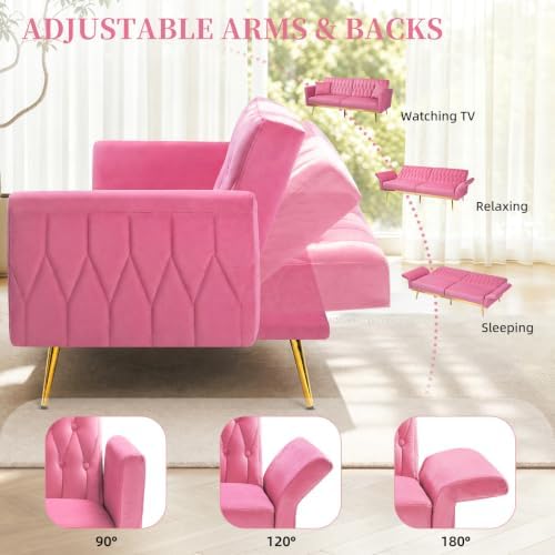 70” Velvet Futon Sofa Bed w/Adjustable Armrests - Image 4