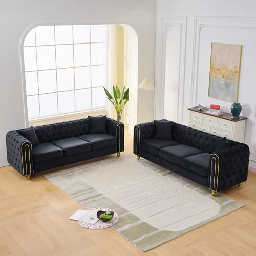 Velvet Chesterfield Button Tufted Sofa Set, Upholstered Comfy Sofa - Image 3