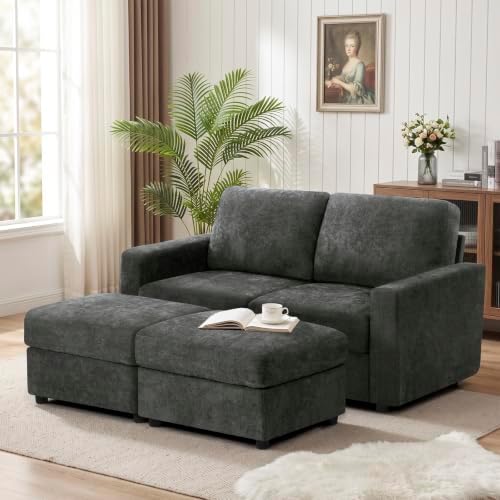 69” Chenille Loveseat Couch W/Two Movable Ottoman by ACMEASE