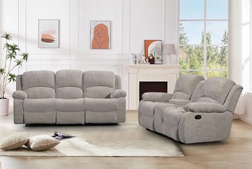 Betsy Furniture Soft Fabric Reclining Sofa Set, Drop Down Table, Cupholder by BetsyFurniture