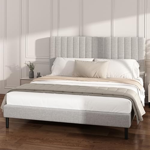 Full Linen Bed Frame with Vertical Channel Tufted Headboard Light Grey - Image 3