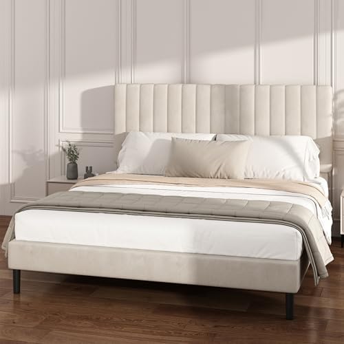 Queen Velvet Bed Frame with Vertical Channel Tufted Headboard Beige - Image 3