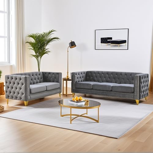 2 Piece Chesterfield Velvet Combination Sofa Set by Unknown