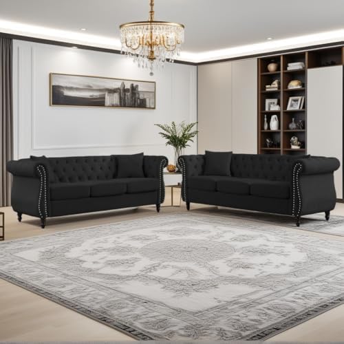 2 Piece Modern Black Velvet 80" 3-Seater Sofa Sets, Upholstered Tufted Backrests by amervanito