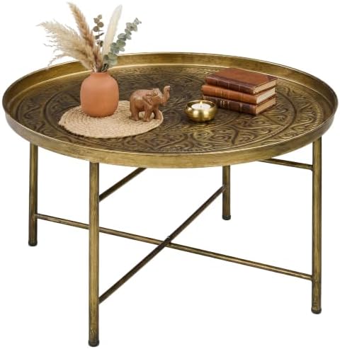 HOMCOM 24" Hammered Round Coffee Table Vintage Metal Side Table Gold by HOMCOM